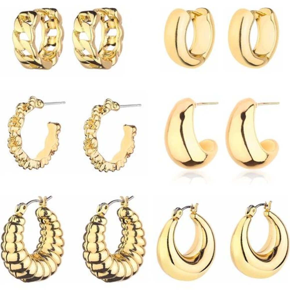 Gold Chunky Hoop Earrings Set for Women, 14K Gold Plated Twisted Huggie Earring